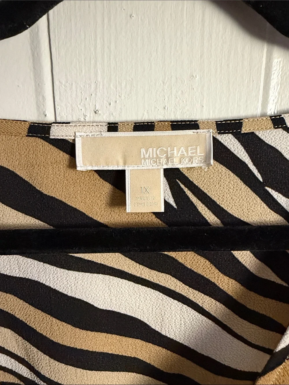 Michael Kors Zebra-Print V-Neck Blouse in Tan, Black & White